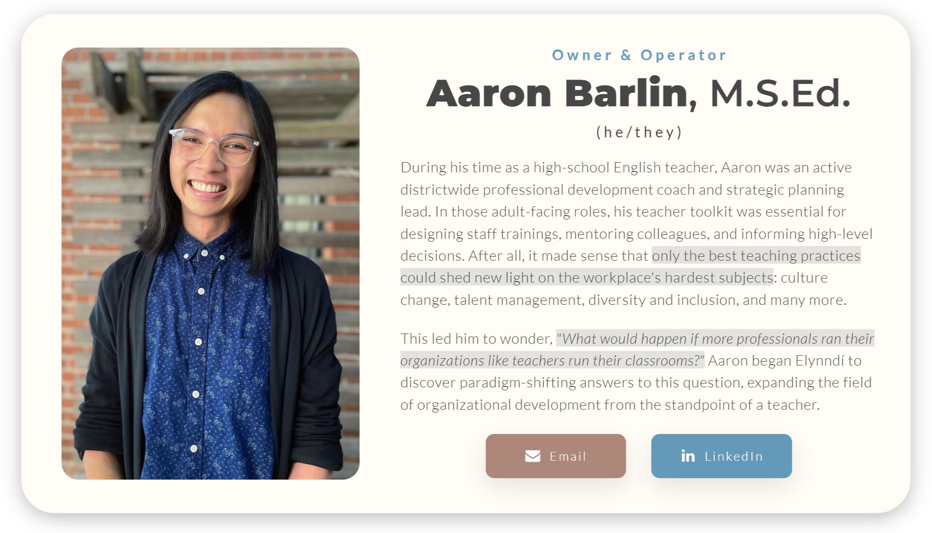 Biography for Aaron Barlin, M.S.Ed., Owner and Operator of Elynndí